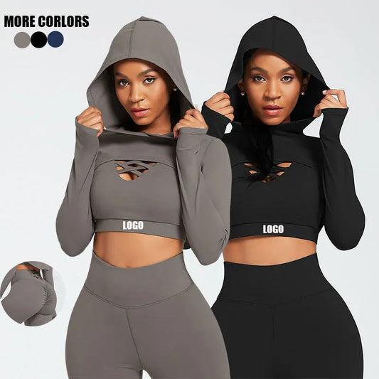 Sean Tsing® Yoga Outfits Women Cropped Sweatshirts with Backless Bras with High Waist Pants Athletic Three Pieces Exercise Sets