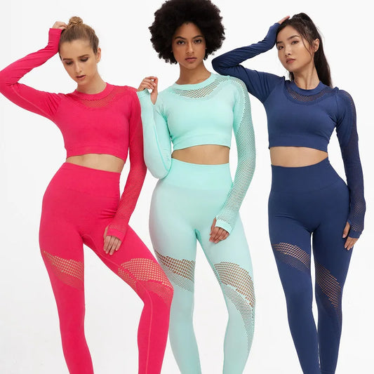 Women 2 Pcs Sports Suits Set Yoga Sets Gym Fitness Athletic Pants Exercise Sportswear Leggings Shirt Seamless Sports Activewear